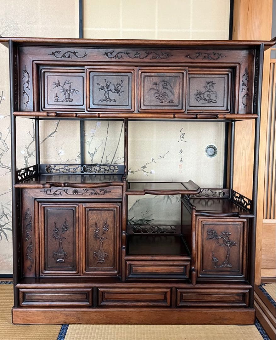 唐木家具 紫檀 茶棚 四君子 透かし彫り 違い棚 飾り棚 茶箪笥 煎茶 和箪笥