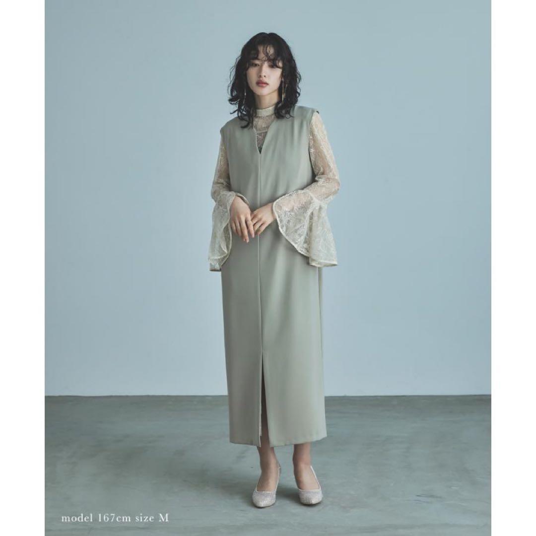 【niana】ベージュ×ミント　スリットドレス ノースリーブワンピース