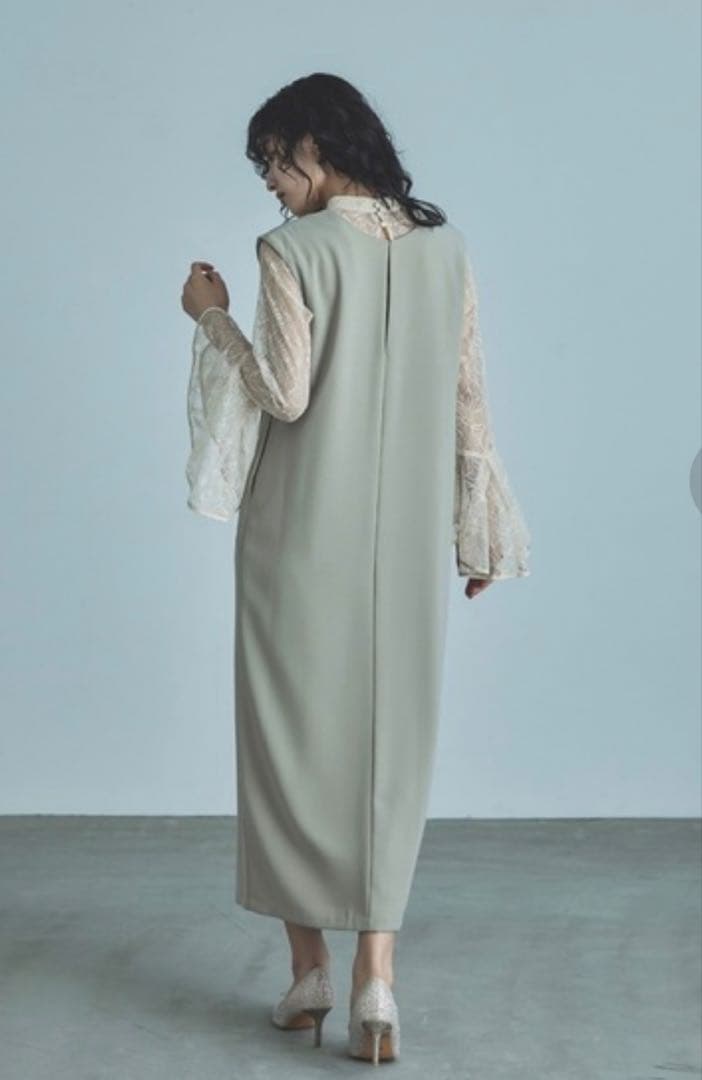 【niana】ベージュ×ミント　スリットドレス ノースリーブワンピース