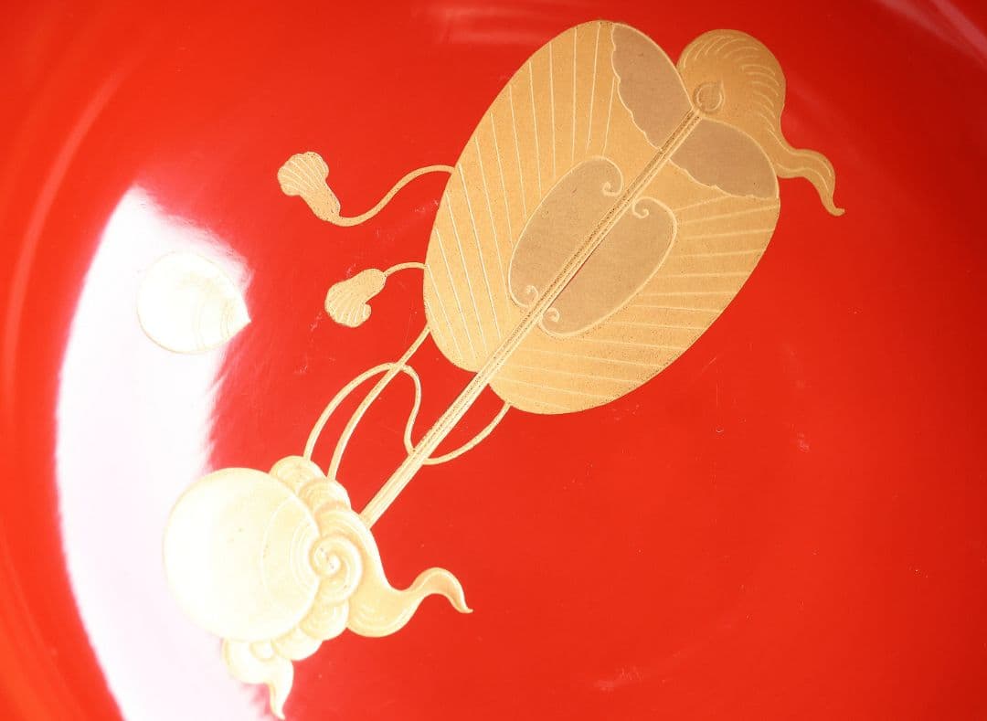 【MB36】輪島塗 宝尽くし金蒔絵 朱塗椀 三客 小槌 軍配 霊芝 木製漆器