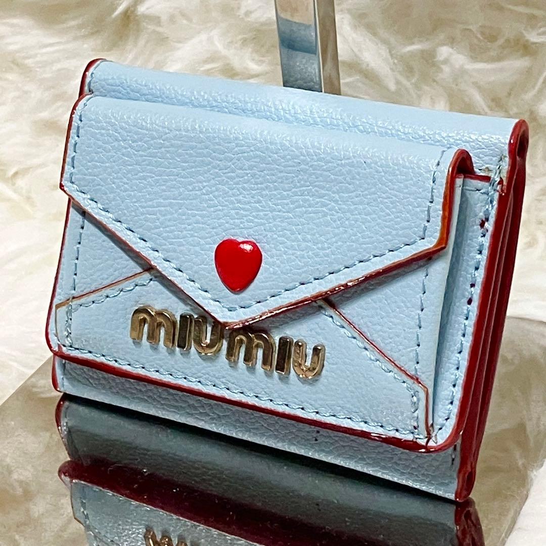 ミュウミュウ❤️ 折り財布 マドラス ラブレター ハート レザー ブルー