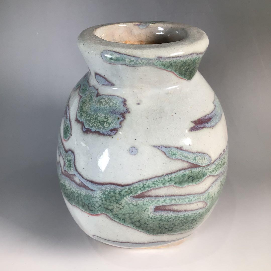 Ｎ６０５　扁壺　『益子窯　木村充造』『青釉流文』『花生』　共箱　花器