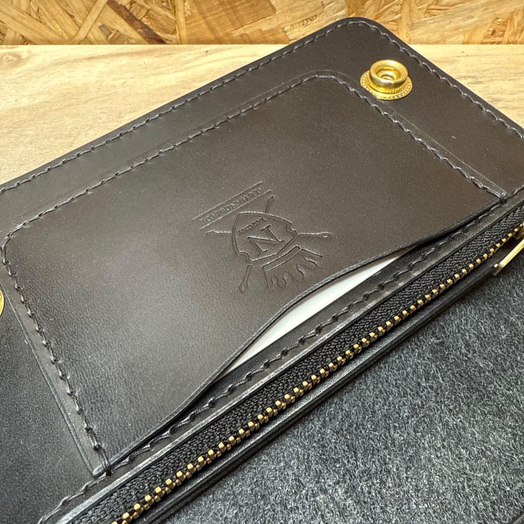 150 カスタム ミドル トラッカーウォレット 姫路レザー オイルヌメ 真鍮 黒