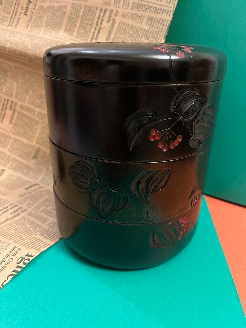 川添日記　重箱　草木彫　漆器