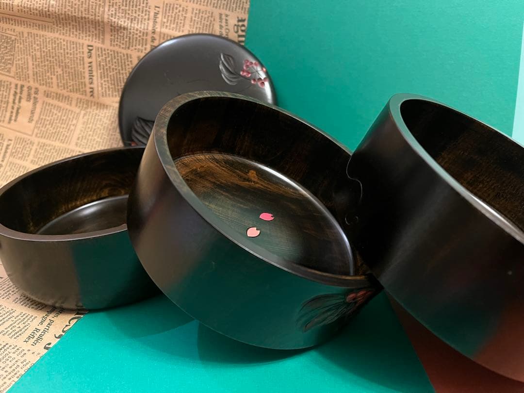 川添日記　重箱　草木彫　漆器