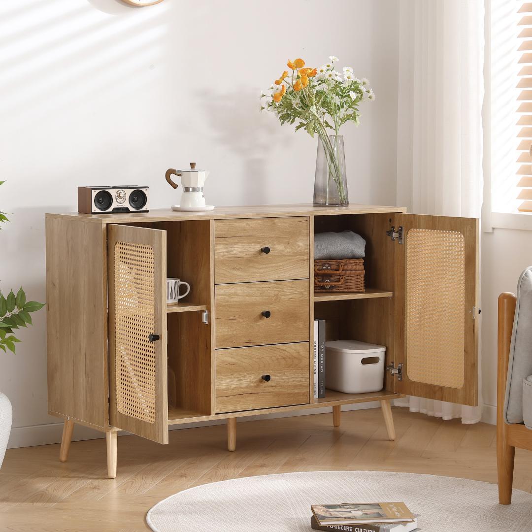 新品】ラタン風2段チェスト 大容量引き出し リビング収納 北欧木目