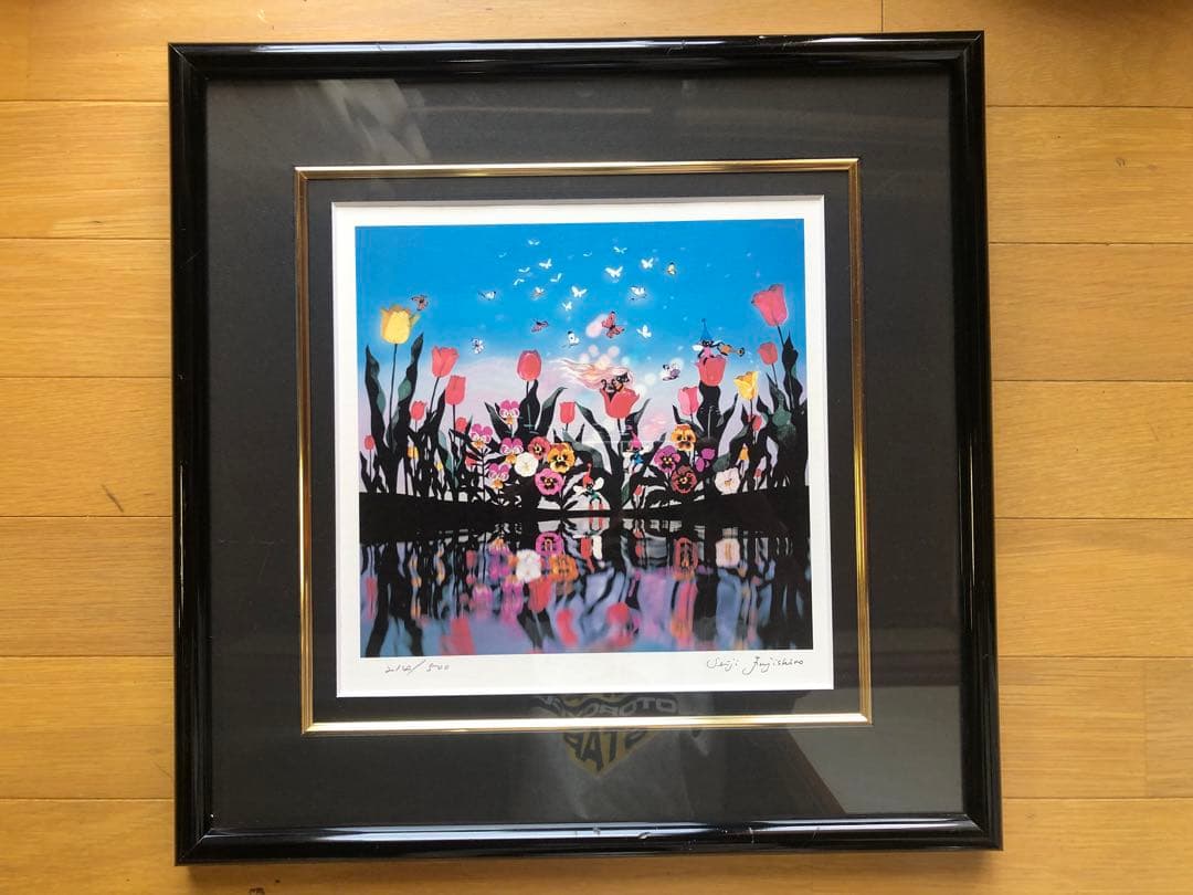 藤城清治 「古都の桜と笛吹く少女 」レフグラフ 直筆サイン入り。