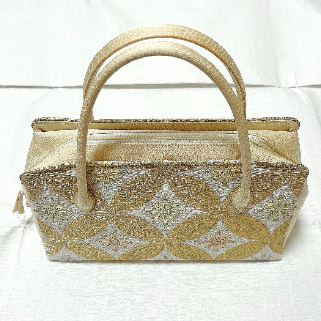 利休バッグ　七宝　正絹　金糸　アイボリー　クリーム系　美品