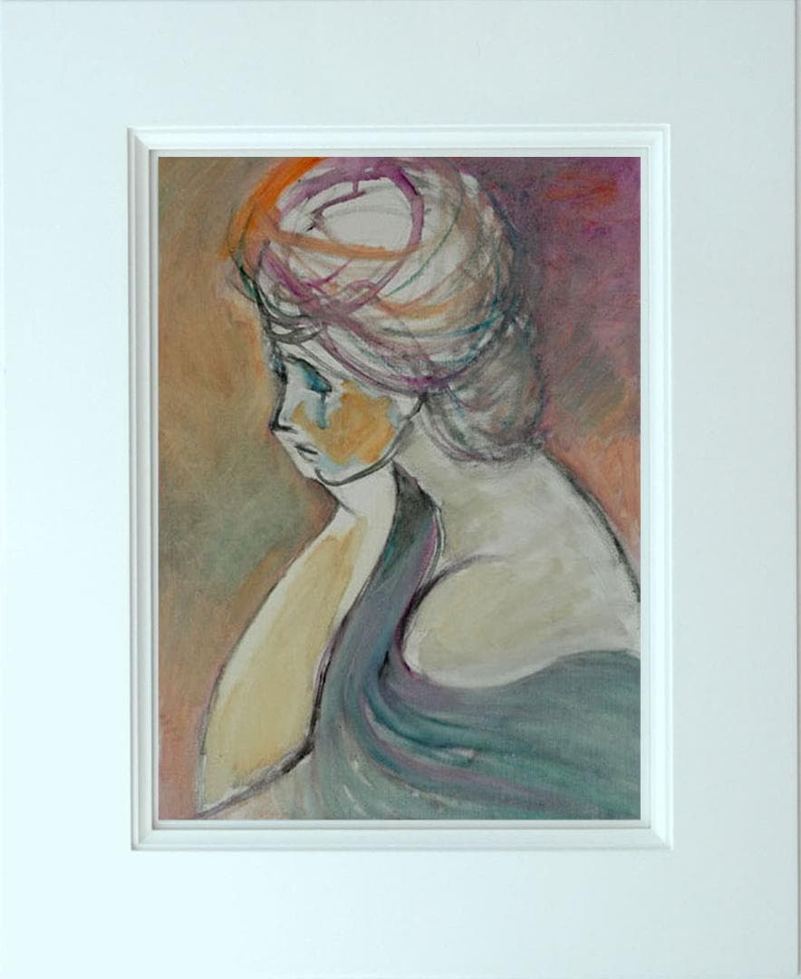 油絵 菅家令子 絵 絵画インテリア額付(青緑＋金色の枠) F6-080712女性