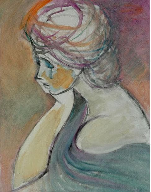 油絵 菅家令子 絵 絵画インテリア額付(青緑＋金色の枠) F6-080712女性