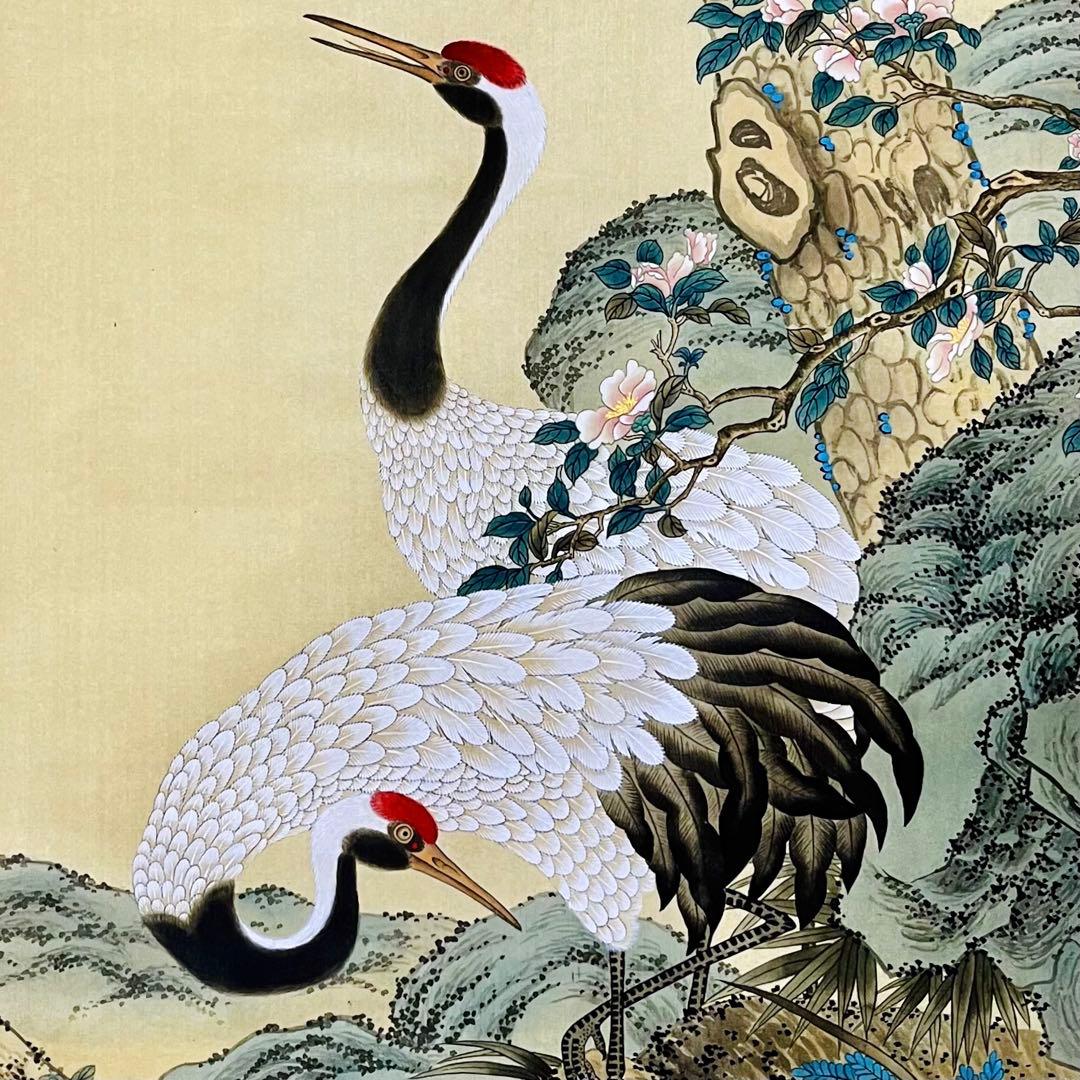絹本 肉筆掛け軸花鳥画 細筆画 鶴と松 美術品 和室 茶室 吉祥 長寿