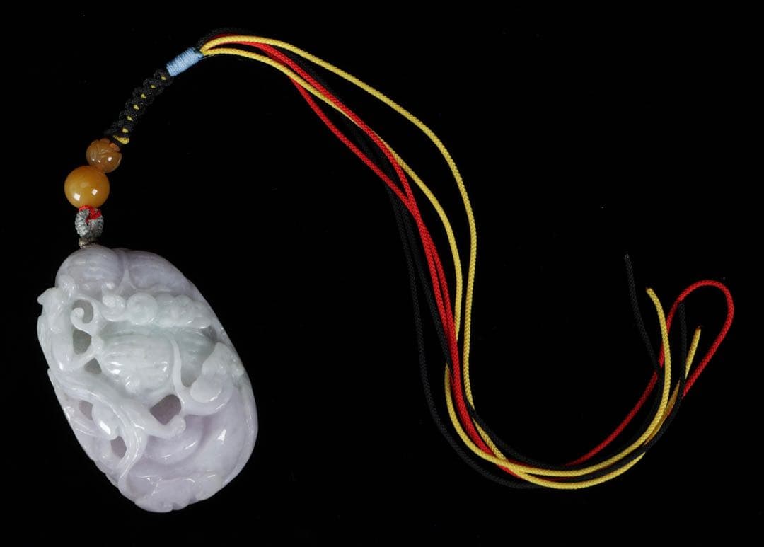 中国美術】 ラベンダー翡翠 紫翡翠手彫 細密彫刻 龍紋 握り石 根付 紐付