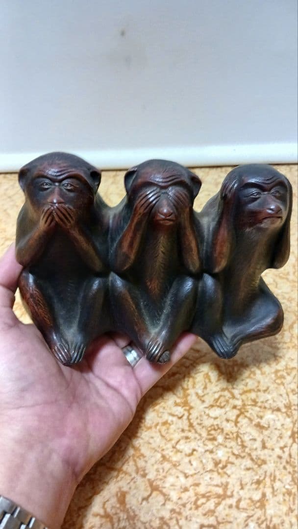 時代物　備前焼　三猿　置物　見ざる聞かざる言わざる　在銘　明治大正期　箱付