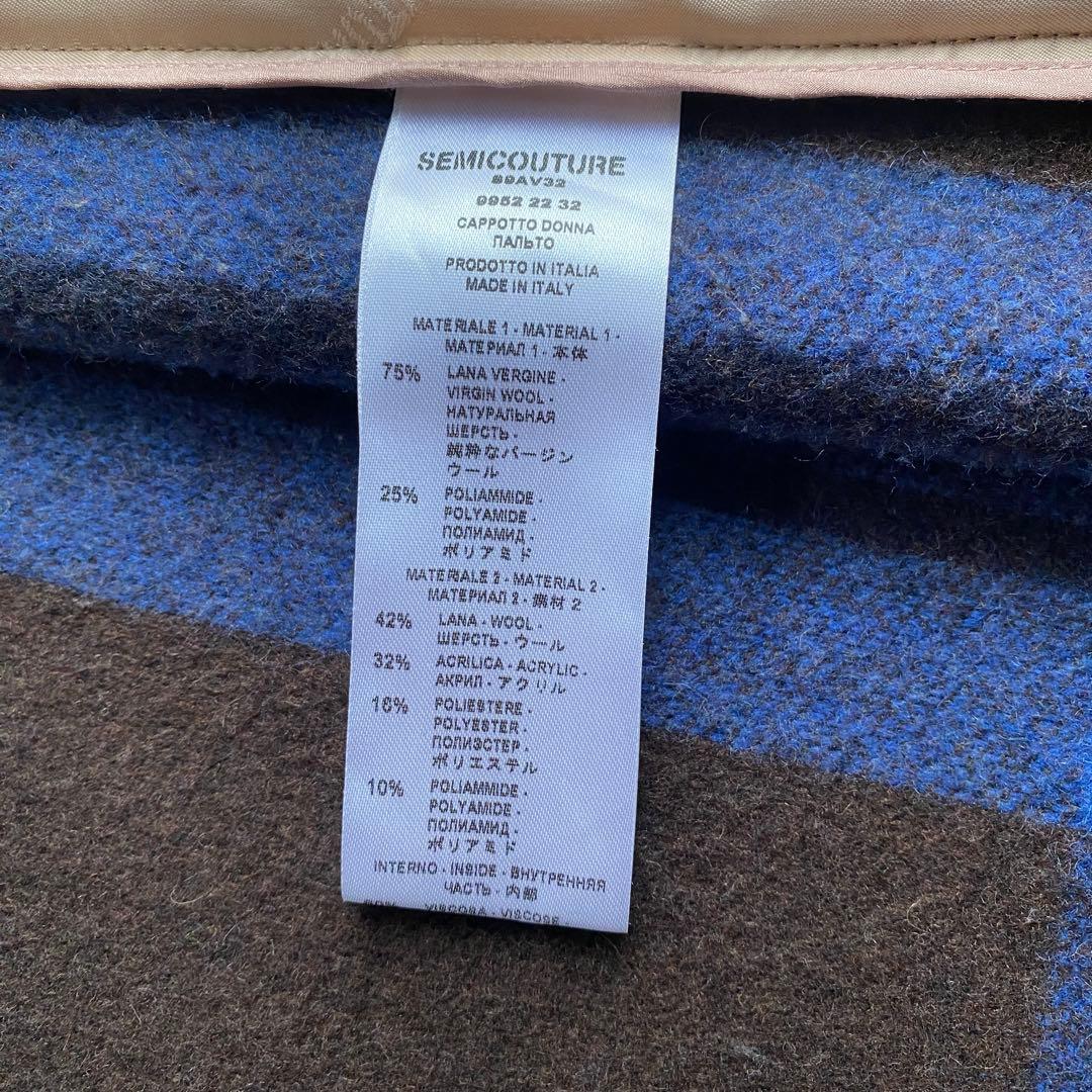 セミクチュール ダブルブレストチェスターコート チェック 青 ブルー