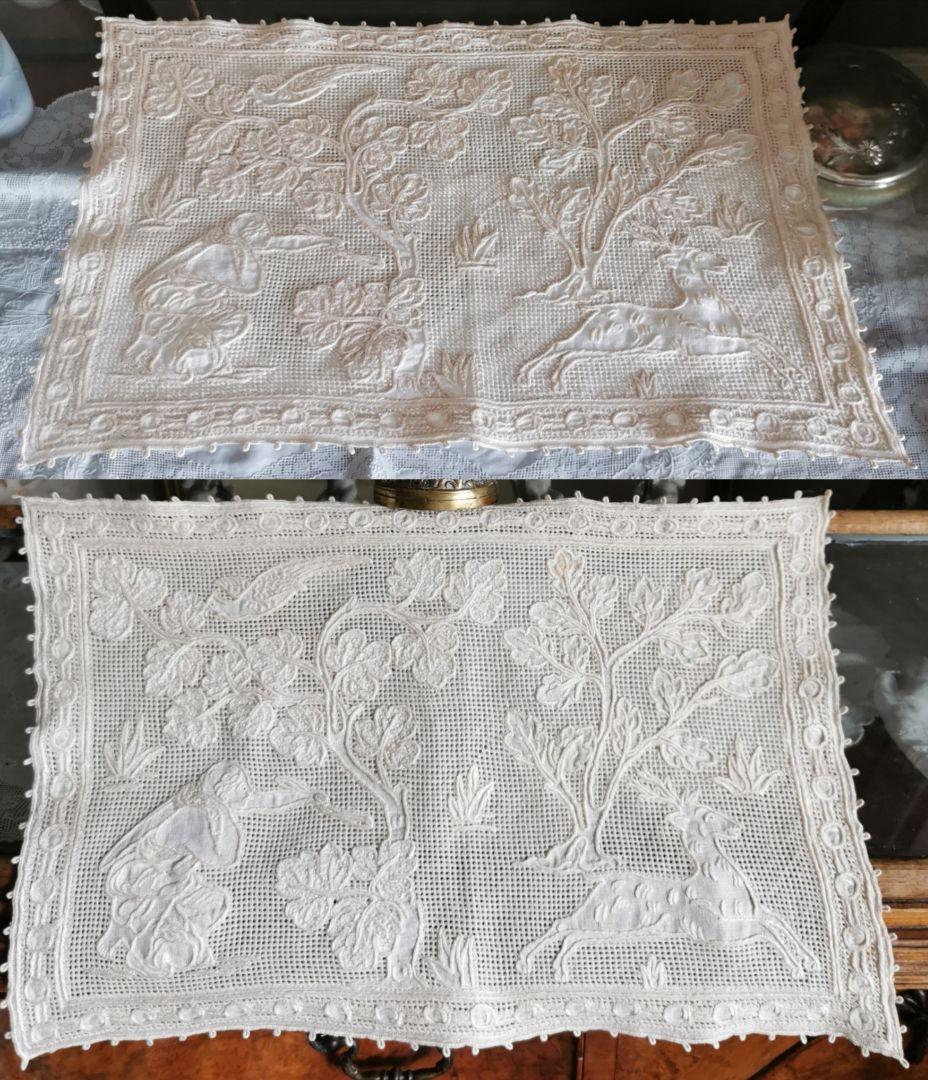アンティークイタリア ブラットレース刺繍マット 神話の人物と男鹿と鳥