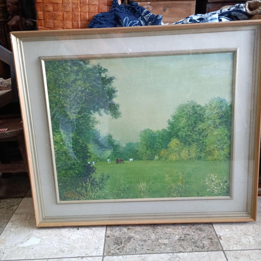 4262）松本竹敏 油絵F15号「馬牛のいる風景 1975年」独立美術