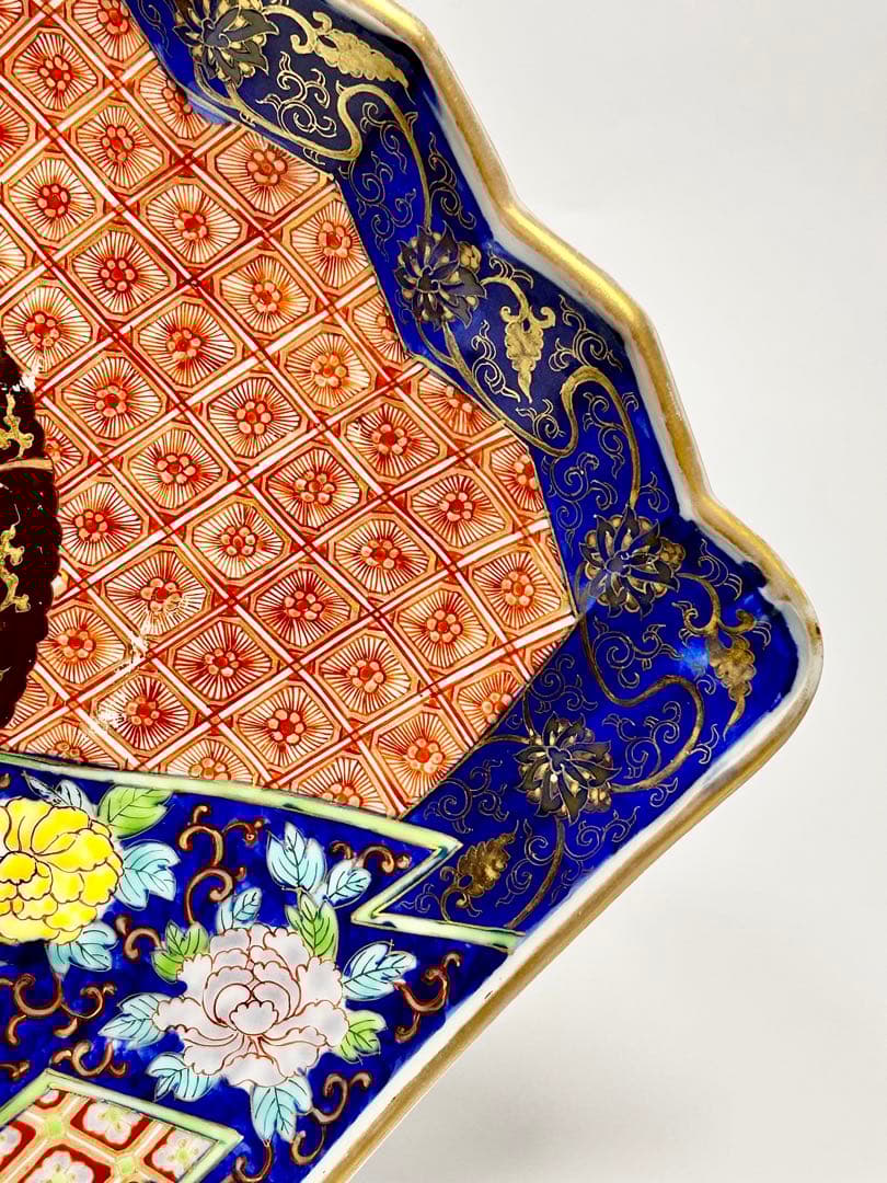 深川栄左衛門 染錦草花有職文扇形大皿 幕末 明治 香 蘭社 有田 伊万里