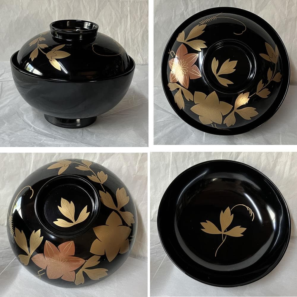 F1403 輪島塗 鉄仙蒔絵 吸物椀 五客 共箱 木製 漆器 懐石道具