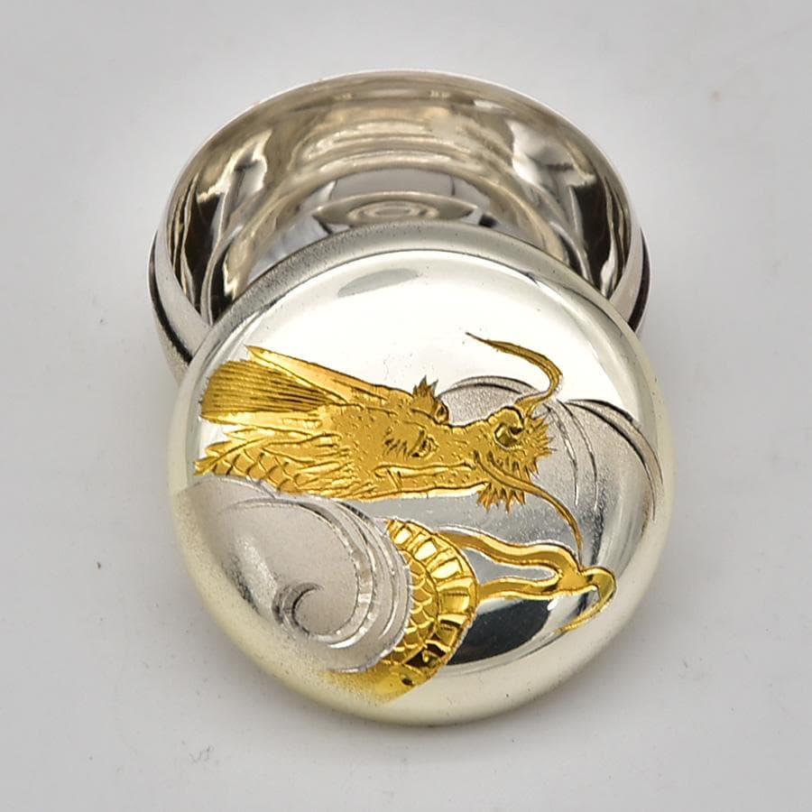 美品 純銀 ボンボニエール 香合 金象嵌 刻印 龍文様 辰 龍神様 共箱