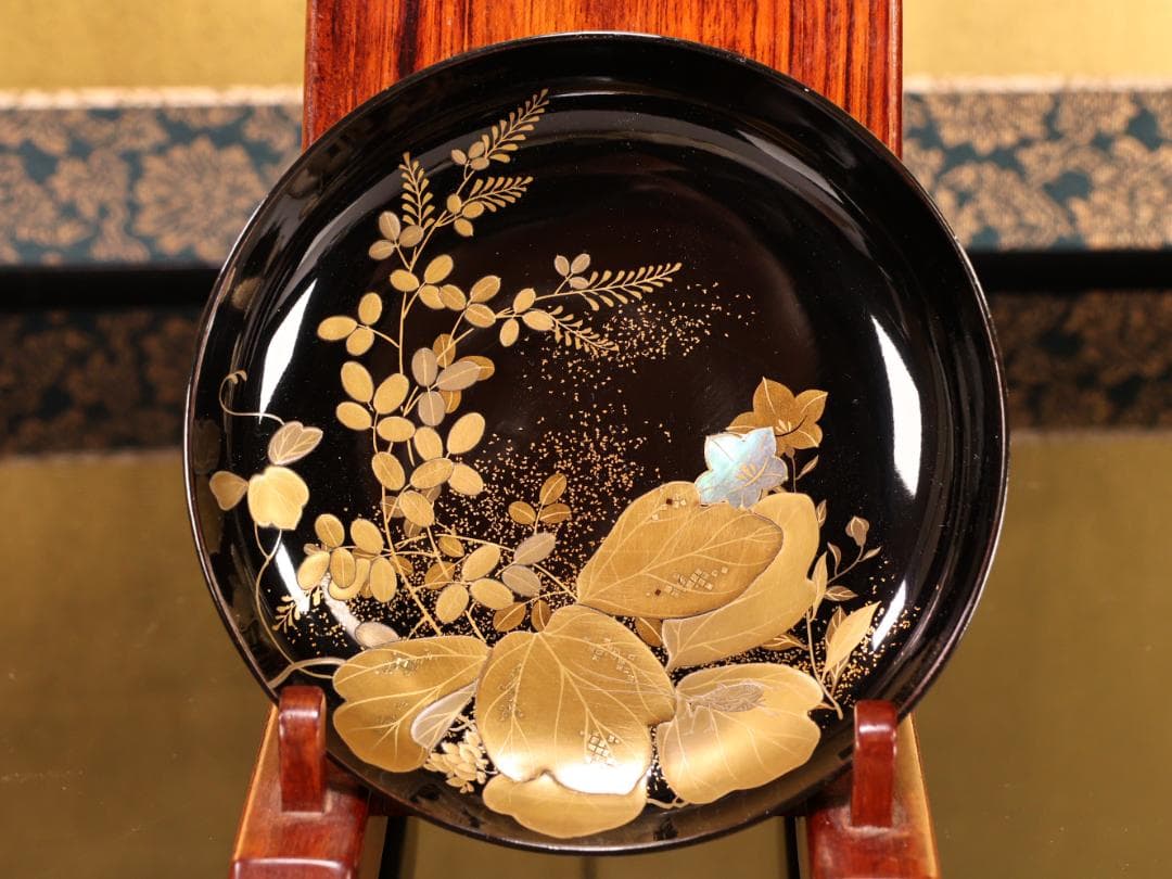 BK427 時代輪島塗 秋乃図金蒔絵 吸物椀 五客 木製 茶 懐石 菓子 螺鈿