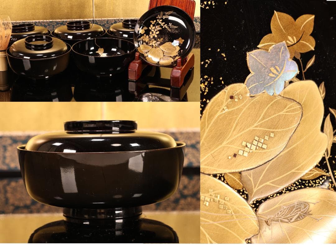 BK427 時代輪島塗 秋乃図金蒔絵 吸物椀 五客 木製 茶 懐石 菓子 螺鈿