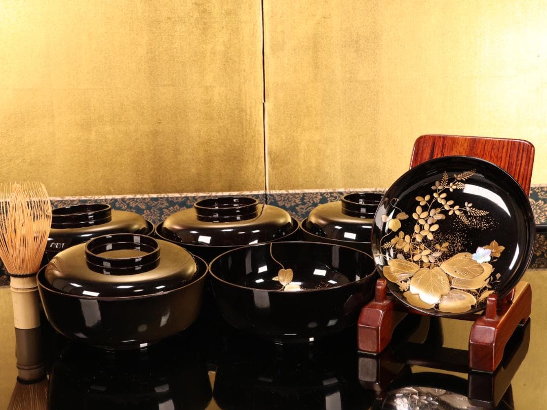 BK427 時代輪島塗 秋乃図金蒔絵 吸物椀 五客 木製 茶 懐石 菓子 螺鈿