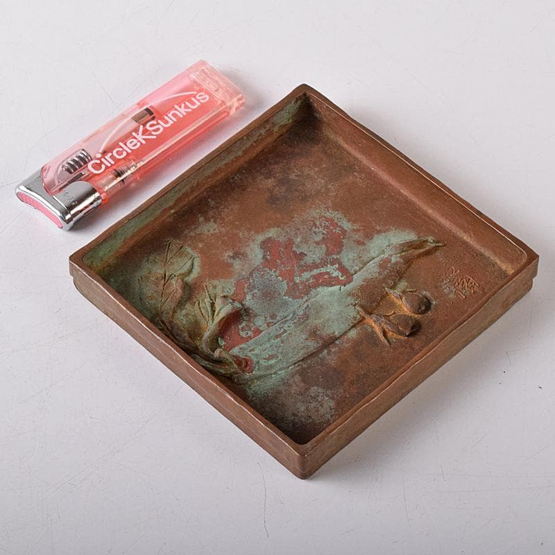 高岡銅器 須賀松園造 蝋型鋳銅 野菜文 四方皿 共布共箱