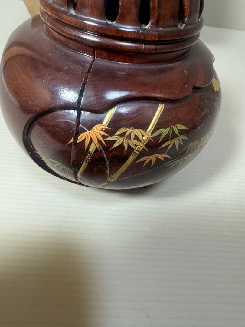 2164 雲龍作 本紫壇 金蒔絵 鳳凰 山水之図 香炉