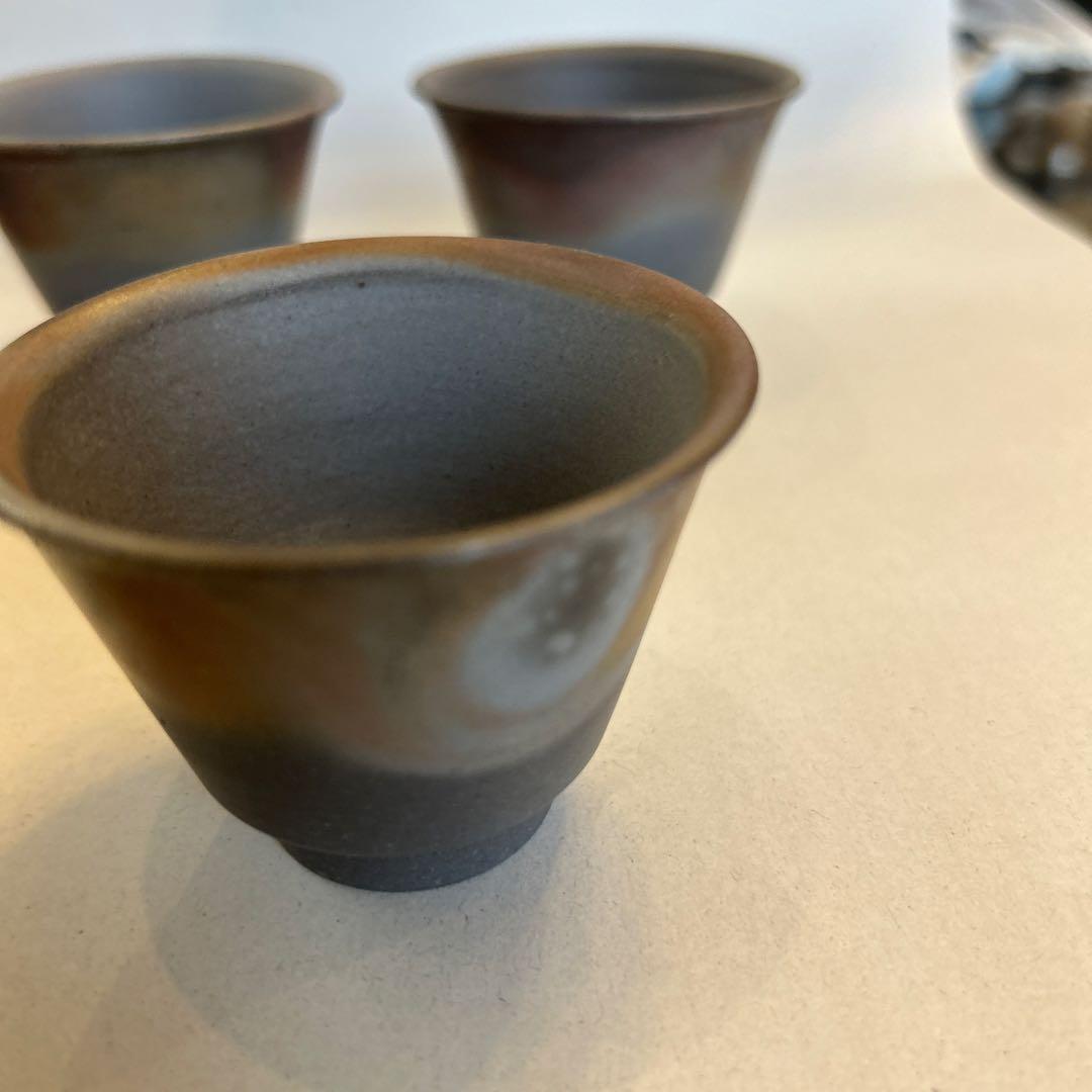 値引き』備前焼 藤田龍峰 煎茶器 煎茶碗5客 青備前