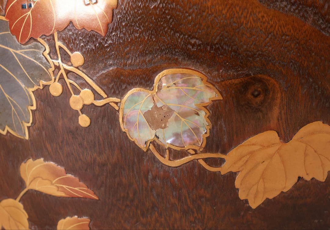 尺参 桐火鉢 金蒔絵 螺鈿細工 幅37.8cm 尺3 蔦 鳥 草【MB32】