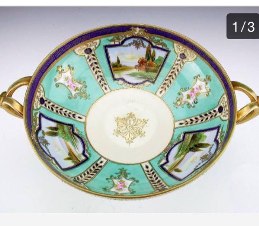 オールドノリタケ 金盛上 河畔風景紋図両耳飾り大鉢