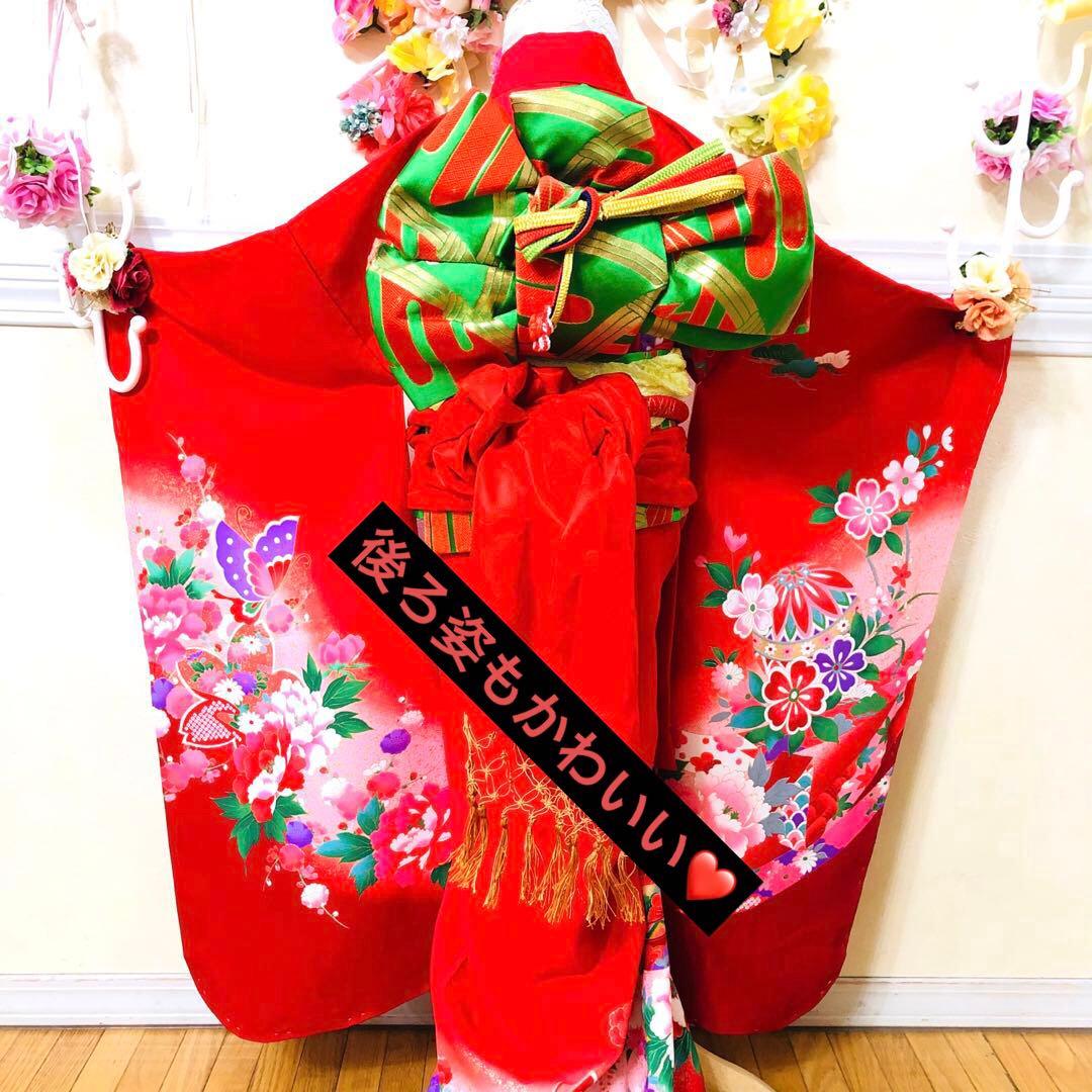 七五三七歳❣️新品着物✨赤地手毬蝶々花金彩⭐︎作り帯楽々⭐︎完全フルセット銘品