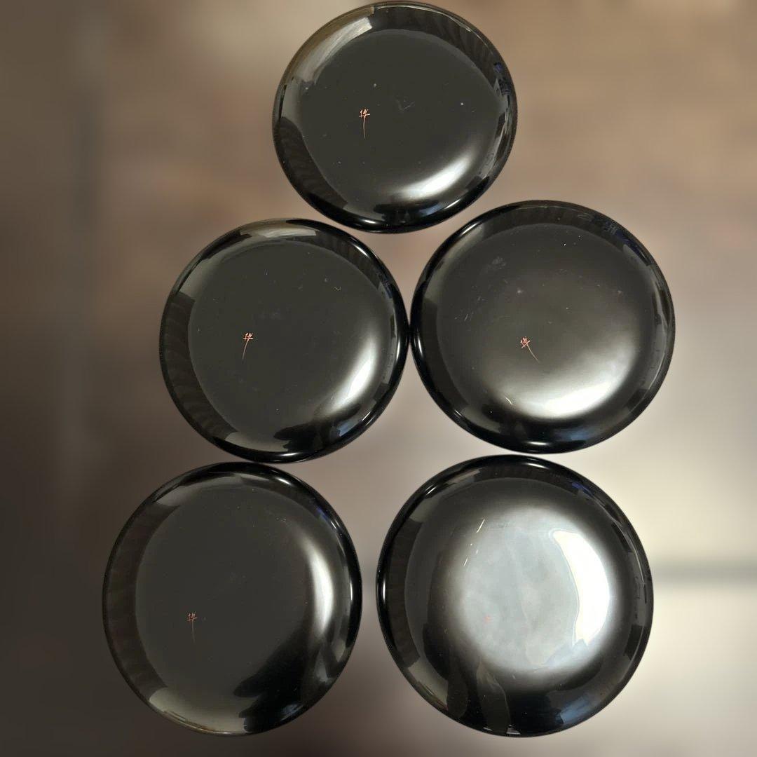 【未使用】輪島塗 東恒博 溜塗 寿松沈金 各5客 銘々皿/茶托