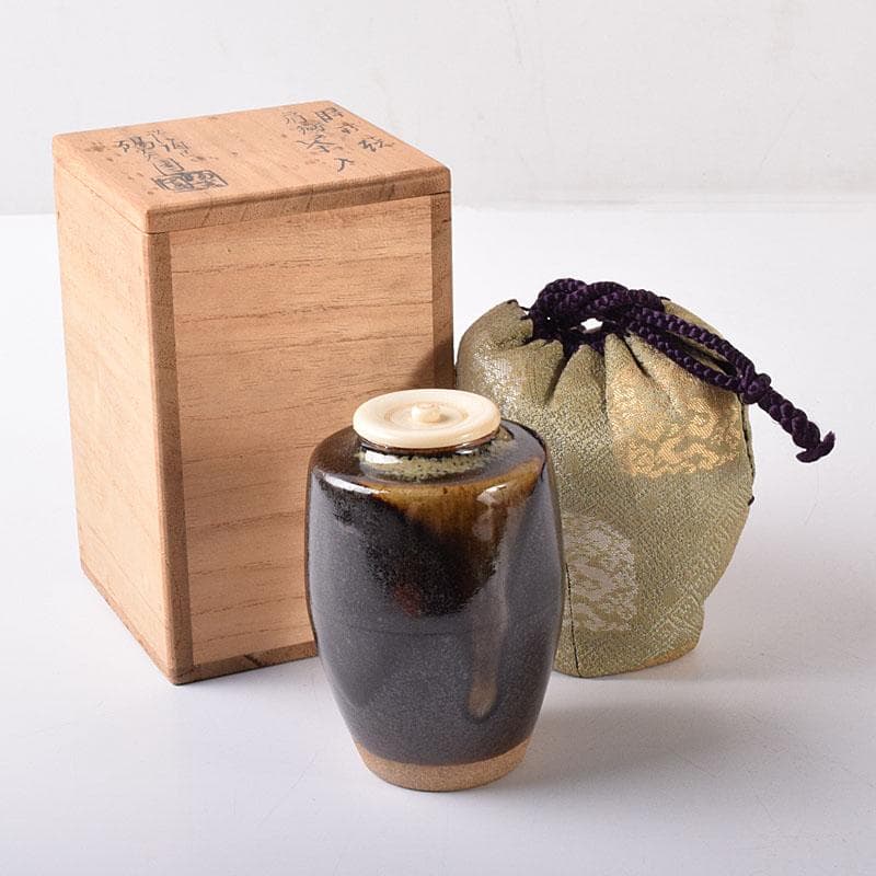 茶道具 膳所焼 淡海ぜぜ 陽炎園造 肩衝茶入 仕覆付 共