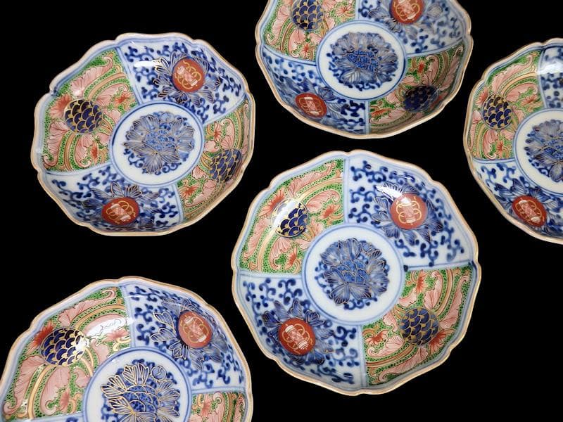 大聖寺伊万里　染錦　牡丹に唐草吉祥文の図　４寸皿　５枚　B178 AS-DAf