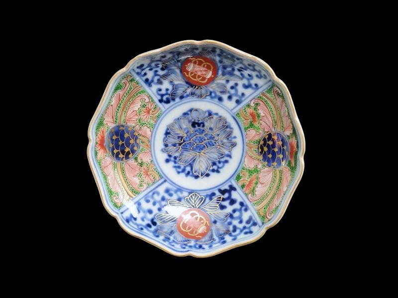 大聖寺伊万里　染錦　牡丹に唐草吉祥文の図　４寸皿　５枚　B178 AS-DAf