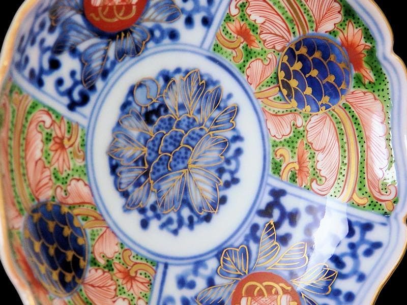 大聖寺伊万里　染錦　牡丹に唐草吉祥文の図　４寸皿　５枚　B178 AS-DAf