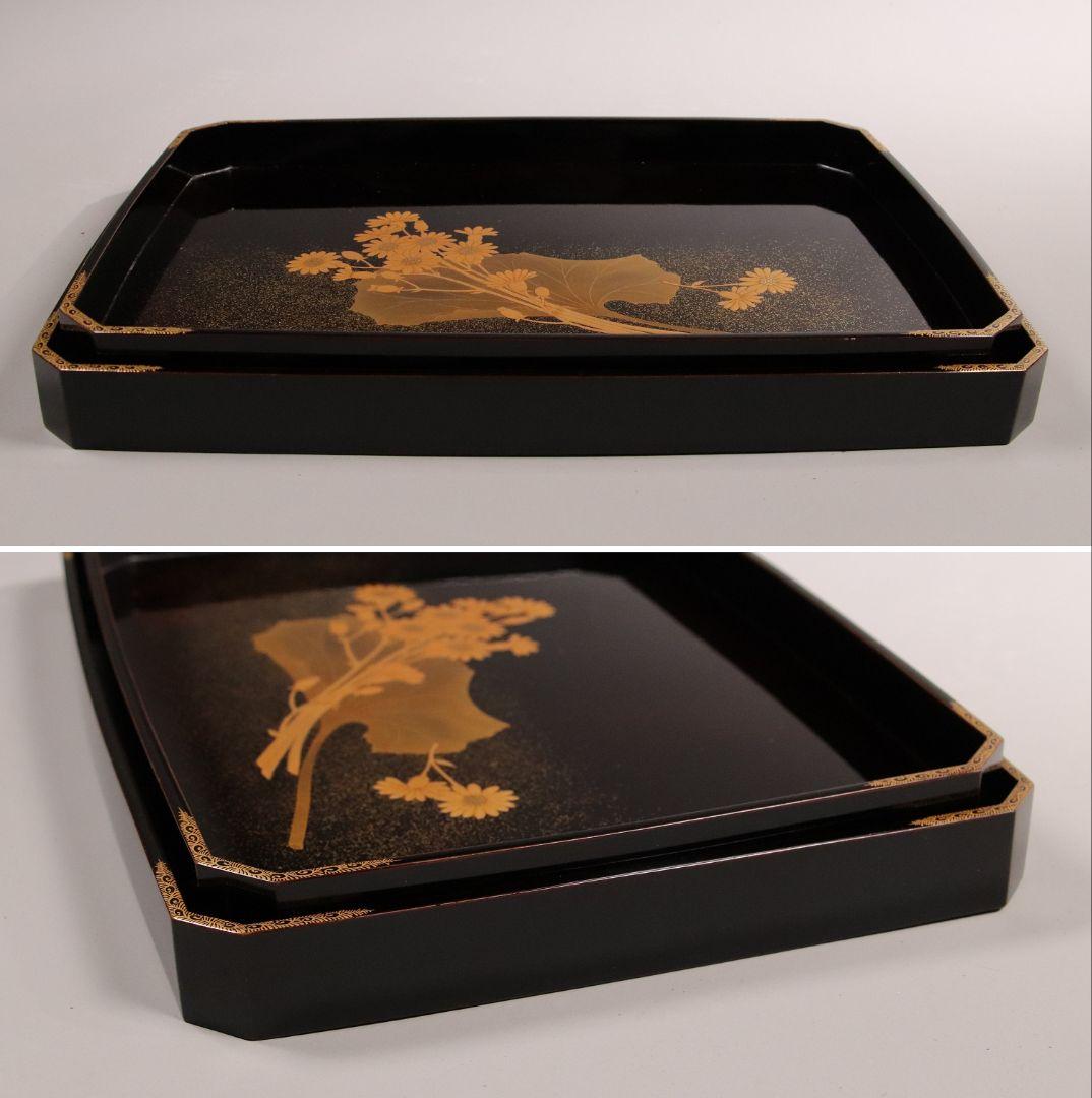 MA6 木製漆器 草花金蒔絵 黒塗 長方盆 大小一組 木箱入 切金 梨地 菊