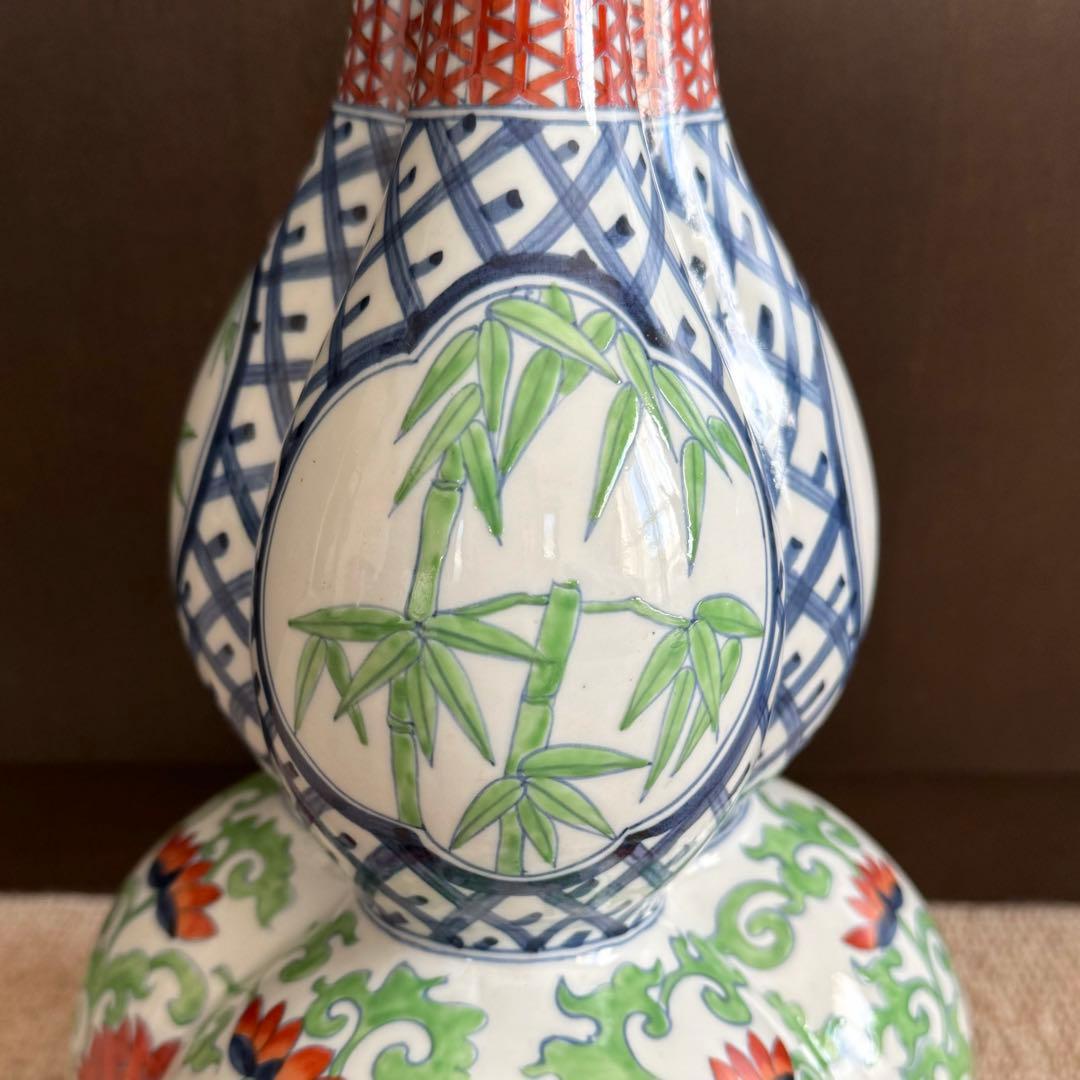 大清雍正年製 瓢箪型花瓶 壺 木製台座付き 粉彩 中国古