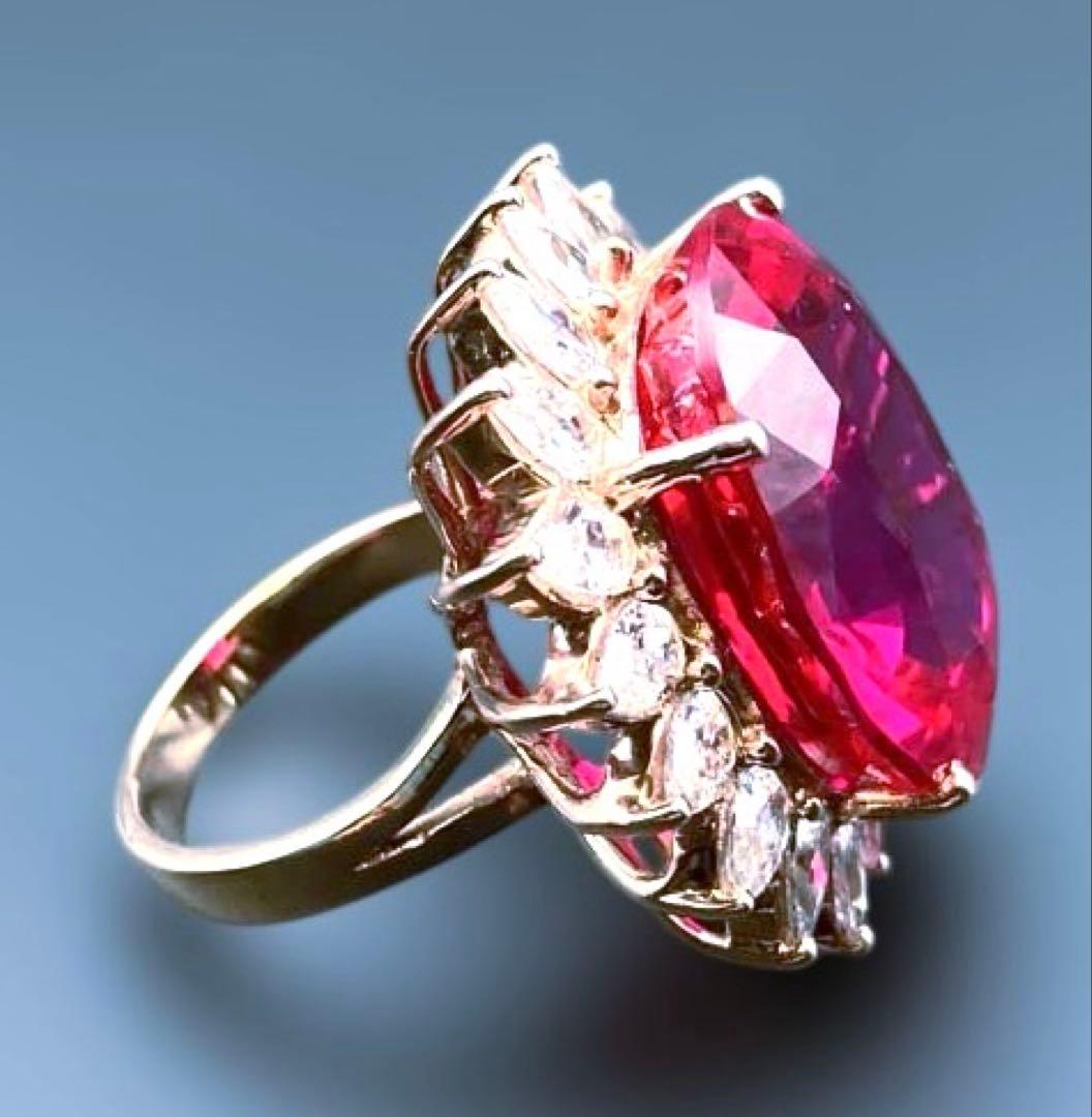 アフリカ産 天然ルベライト レッドトルマリン ホワイトサファイア36.3CT指輪