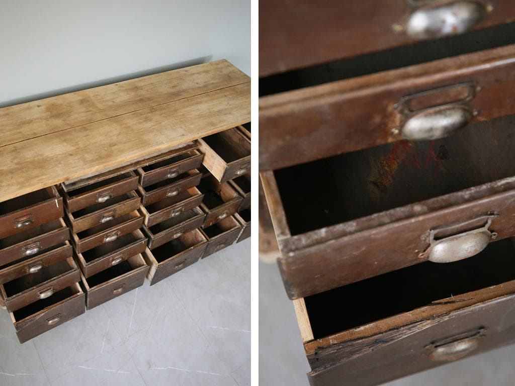 英国アンティーク21杯ドロワー付ショップカウンター/木製机テーブル(83