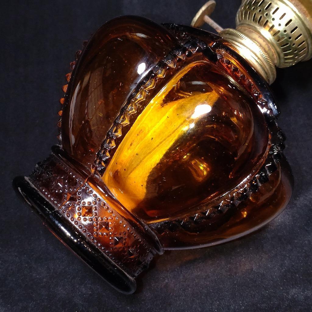 オイルランプ 硝子製 古硝子 琥珀色 最大直径約130㎜ 高さ約