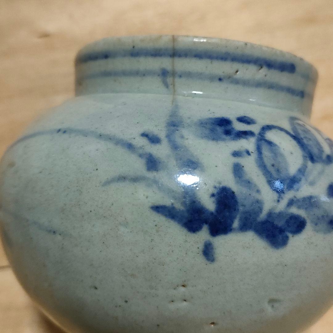 李朝染付壺　草花文　提灯壺　時代物　骨董No.162