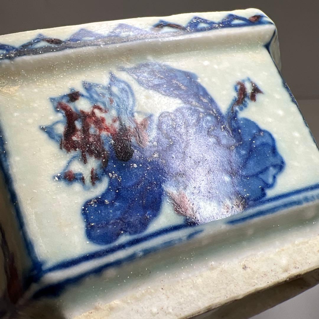 中国美術　釉裏紅六角蓋物　幅約14㎝ 東Y7-0603①