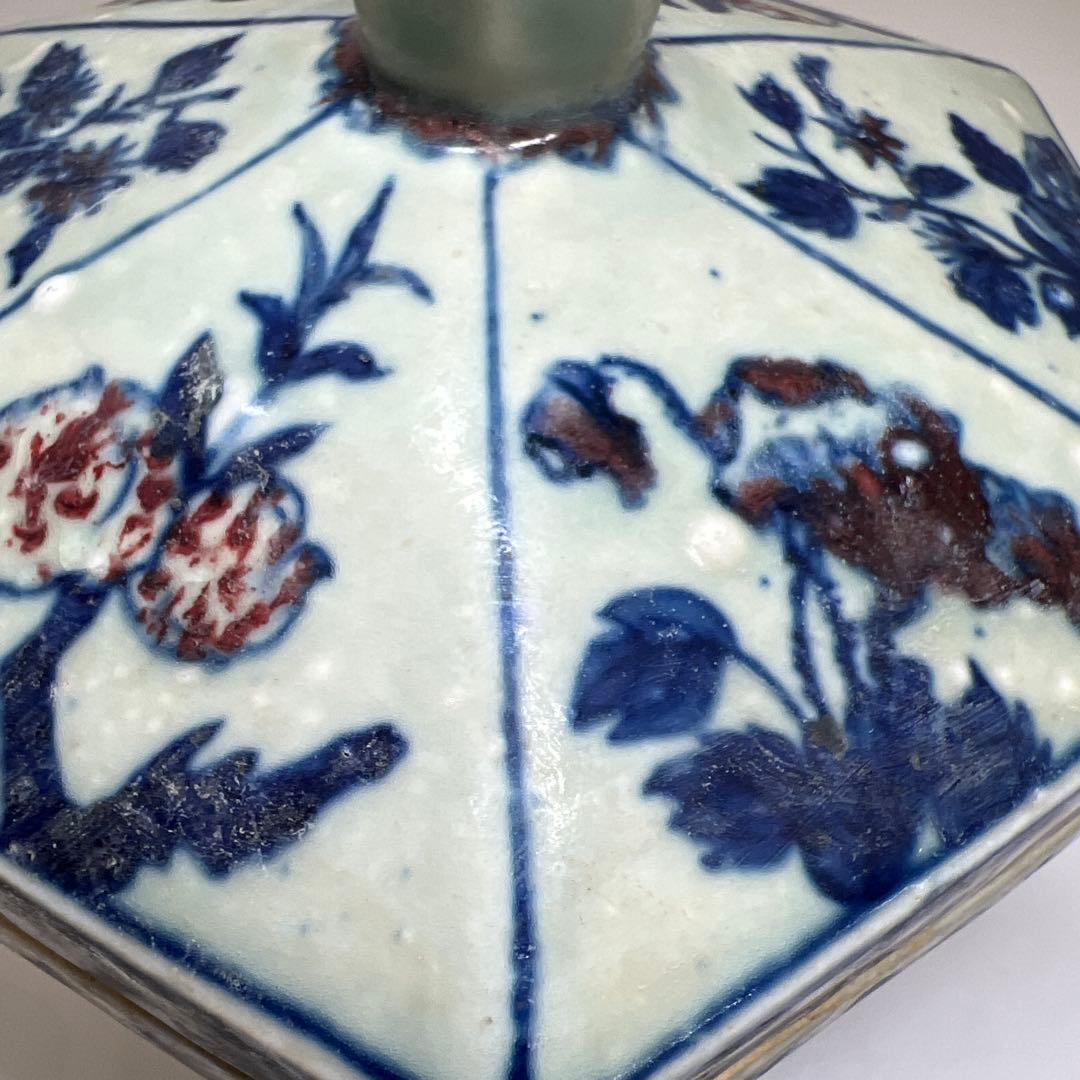 中国美術　釉裏紅六角蓋物　幅約14㎝ 東Y7-0603①