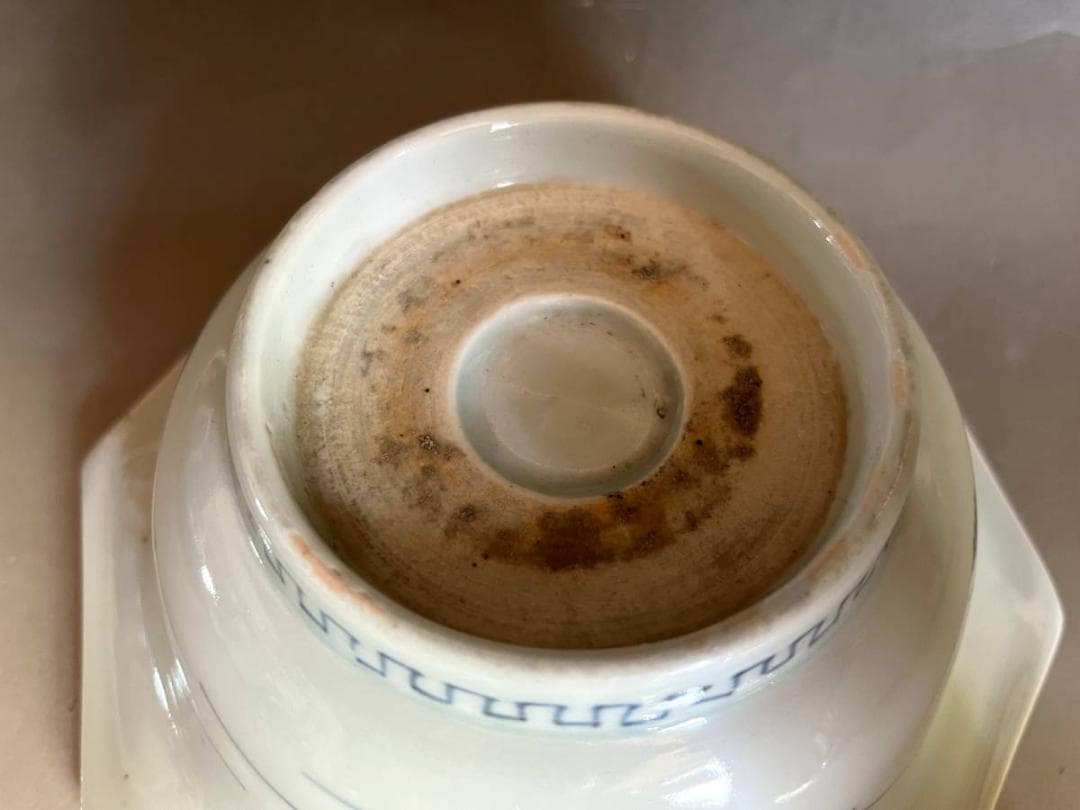 鉢■伊万里染付窓絵山水図八角形鉢 蛇の目高台 稲穂 雷紋 青華 時代物 骨董■