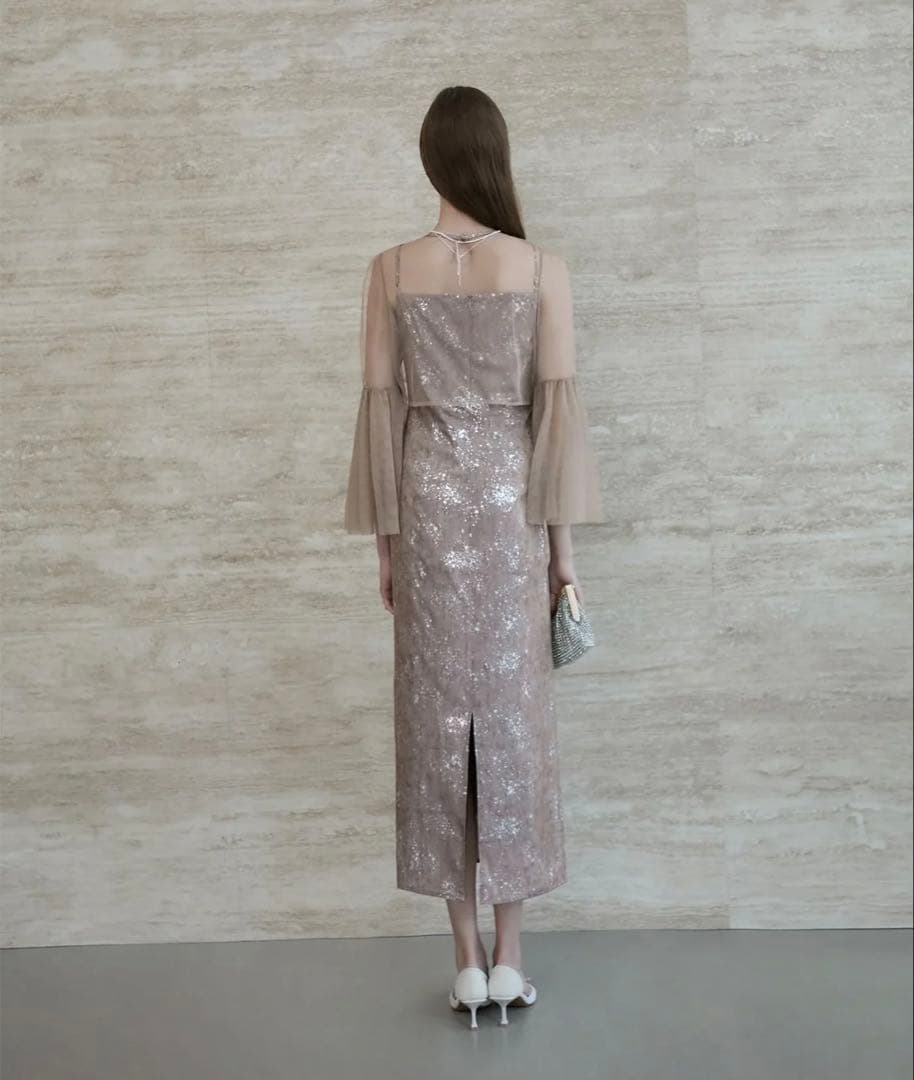 美品シアーチュールベルスリーブペイントIラインワンピースドレス　M / GRAY