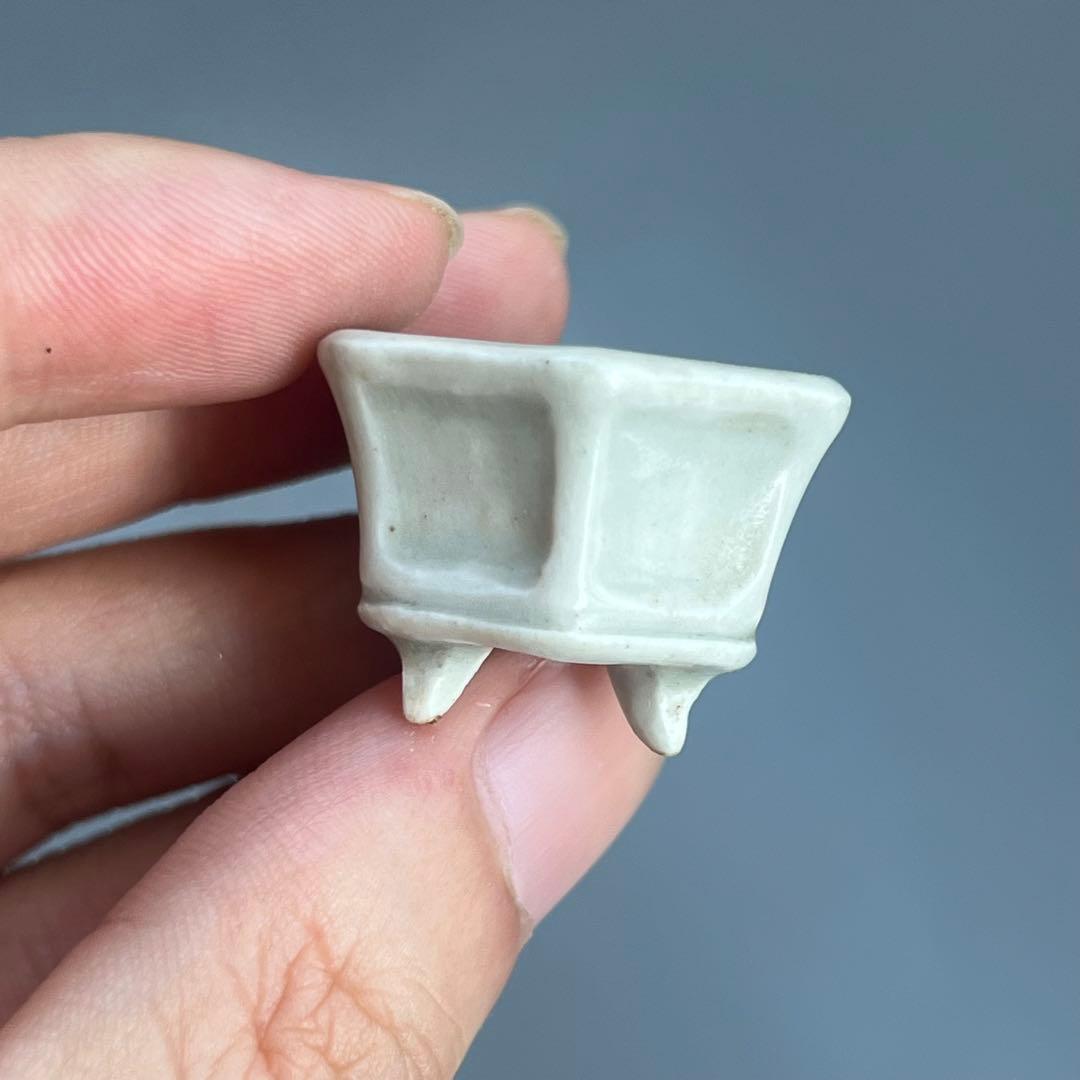 773.夢陶 青釉額入六角豆鉢 盆栽鉢 植木鉢 3*2.8*2.1cm