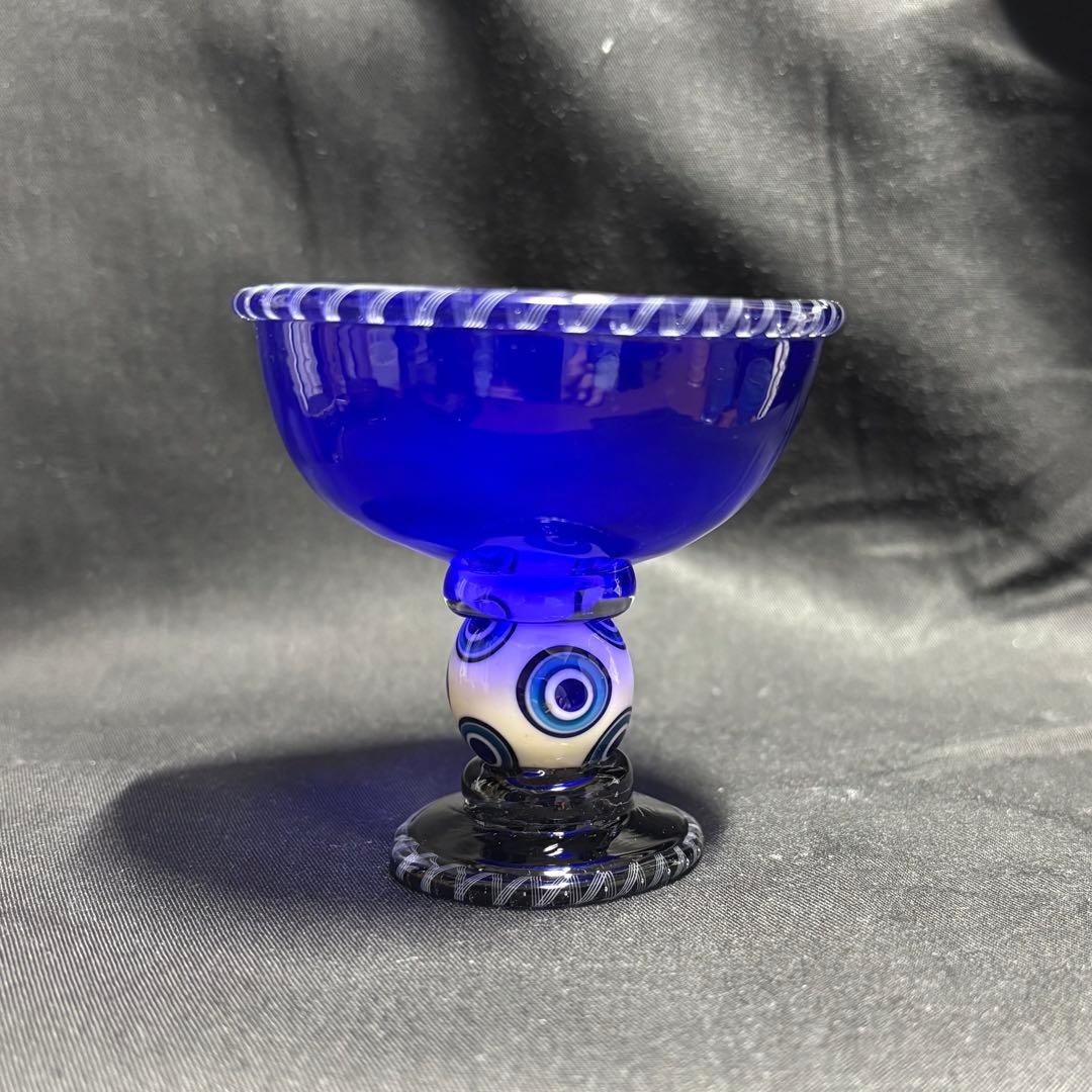 コアガラス小暮紀一冷酒杯レース文様青ぐい呑おちょこトンボ玉