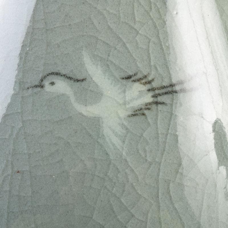 韓国人間文化財　柳海剛（柳根瀅）作　高麗青磁　象嵌鶴文　茶入　共箱　V　8407